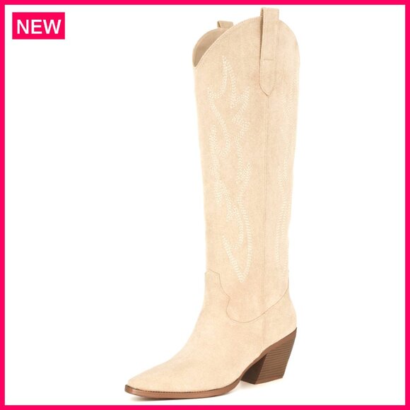 Women's Knee High Cowboy Boots Pointed Toe Block Heel Suede Leather Embroidered